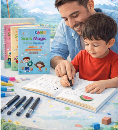 Set 4 Cuadernos Mágicos Caligrafía Montessori + Lápiz + Recargas