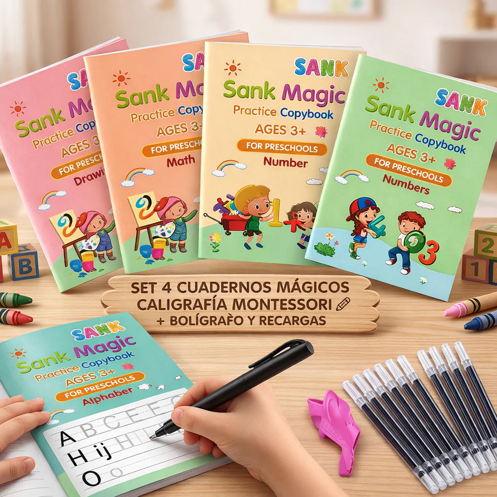 Set 4 Cuadernos Mágicos Caligrafía Montessori + Lápiz + Recargas
