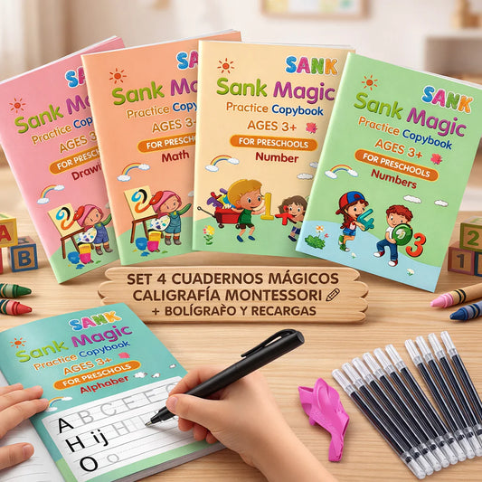 Set 4 Cuadernos Magicos Caligrafia Montessori + Lapiz + Recargas